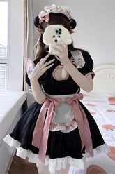 Black Short Sleeves Ruffle Love Hollow Bowknot Sweet Plus Size Chinese Style Lolita Dress Full Set